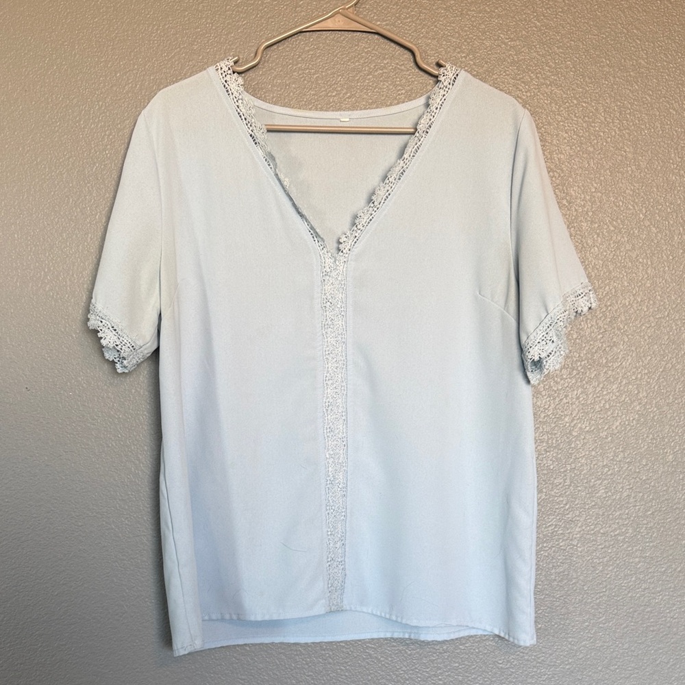 Elegant Baby Blue Lace Trim Women's Top
